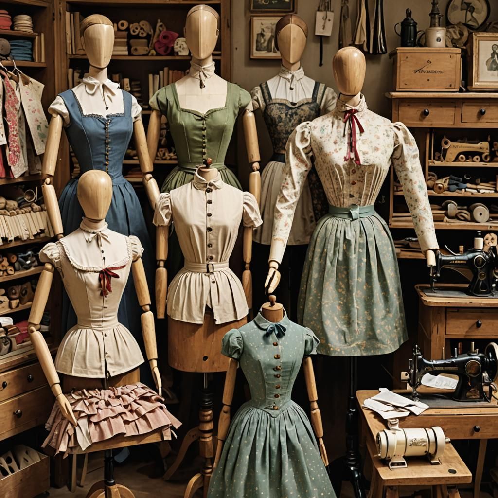19th Century Workshop with Mannequins and Sewing Machine