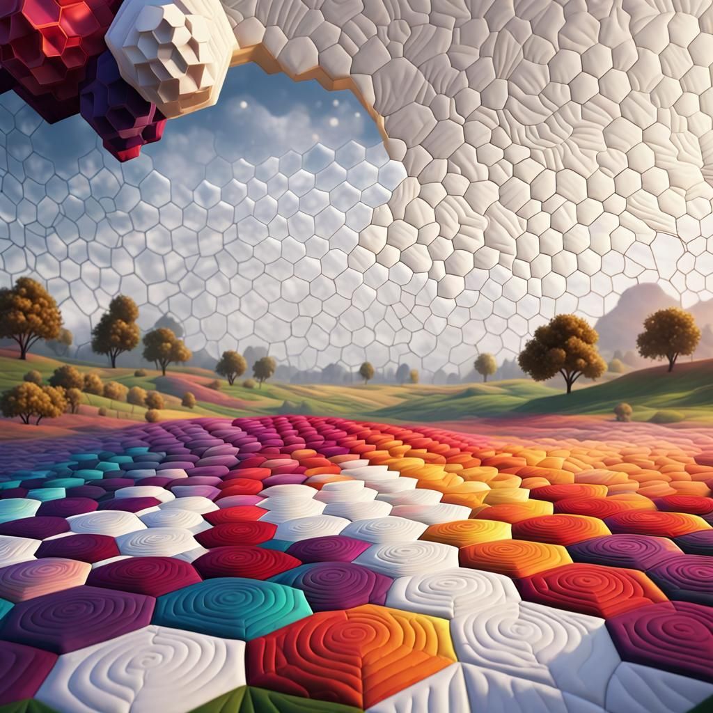 Colorful Quilted Landscape in Textile Art Style