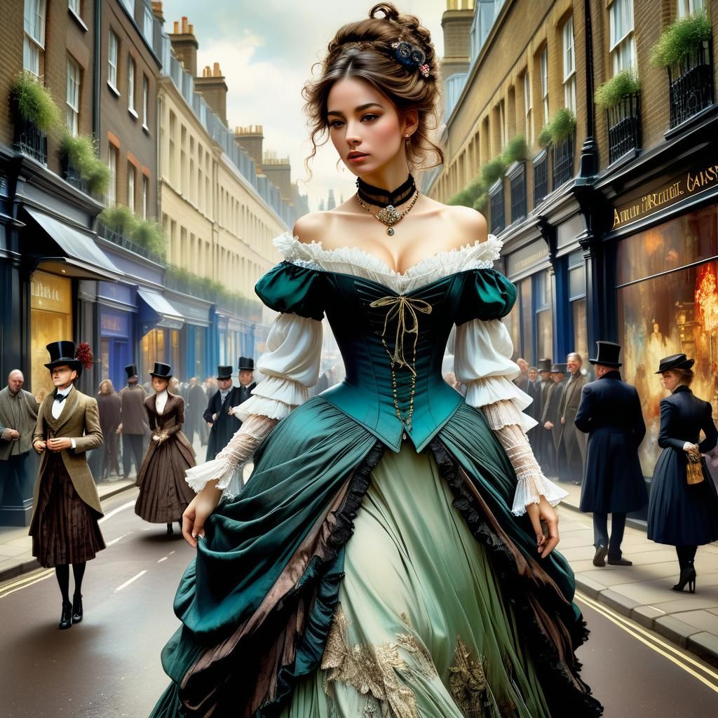 Victorian Woman in London Street, Anime Style