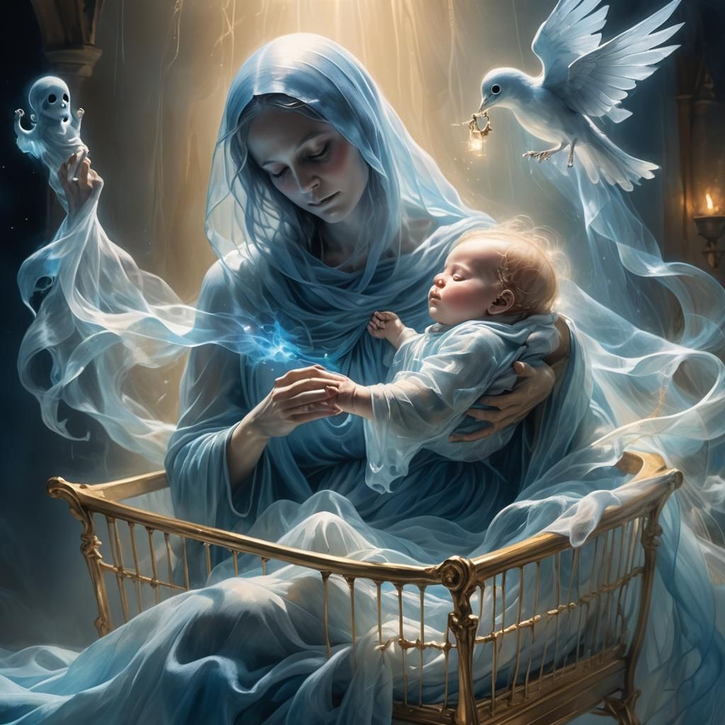 Ethereal Ghost Woman Watches Over Baby: Fantasy Art