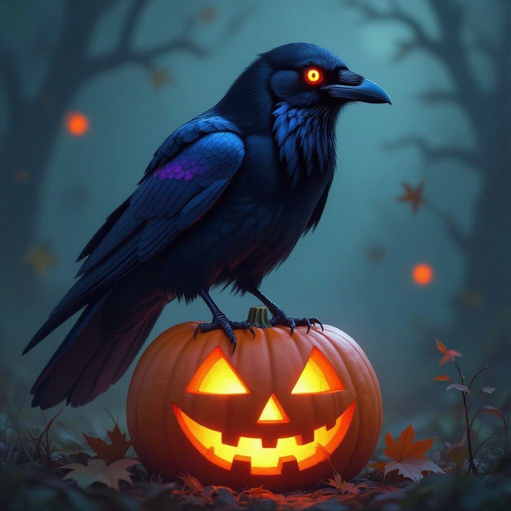 Eerie Crow on Glowing Jack-o'-Lantern in Gothic Mist