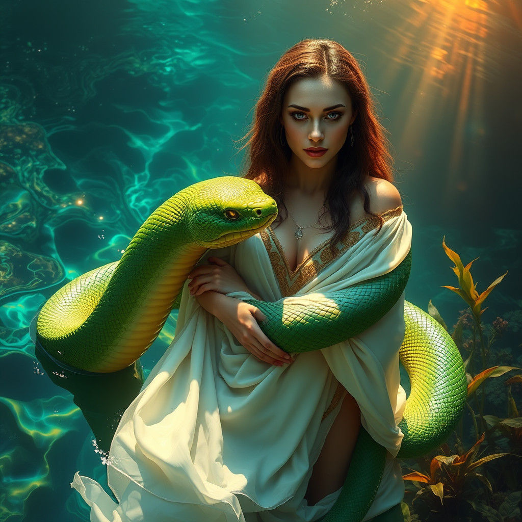 Eve and Serpent in Hyperrealistic Aquatic Scene