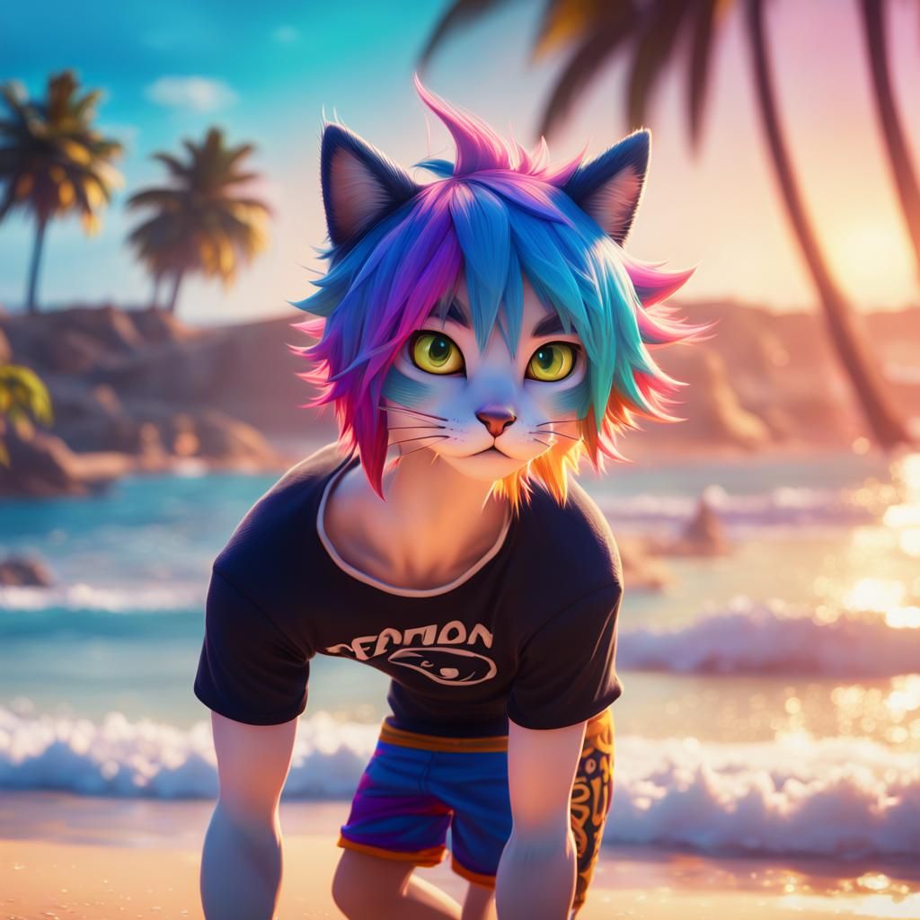 Anime Cat-Boy on the Beach in 3D Style