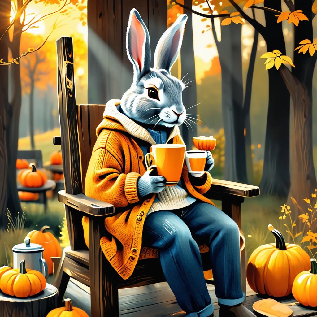 Whimsical Rabbit Sipping Latte in Autumn Woodland