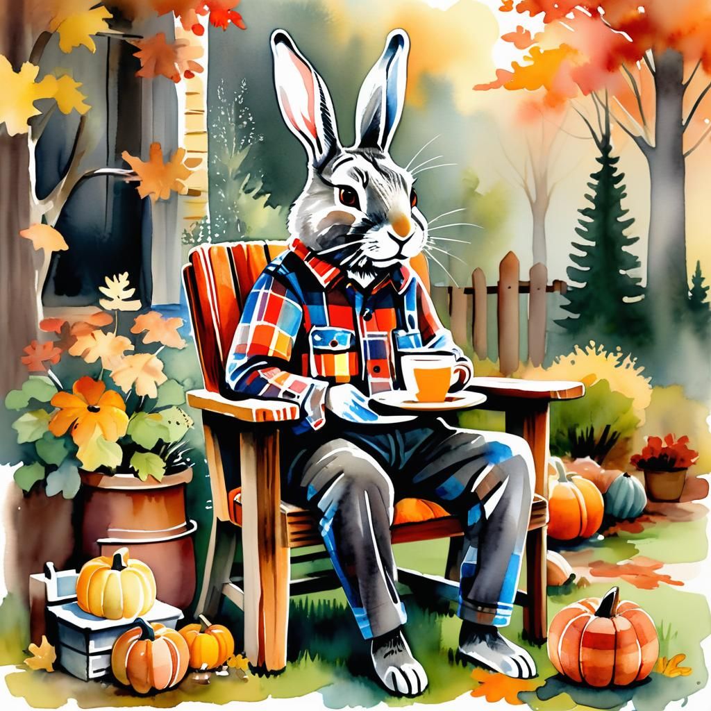 Whimsical Autumn Scene with Gentle Rabbit in Wooden Chair