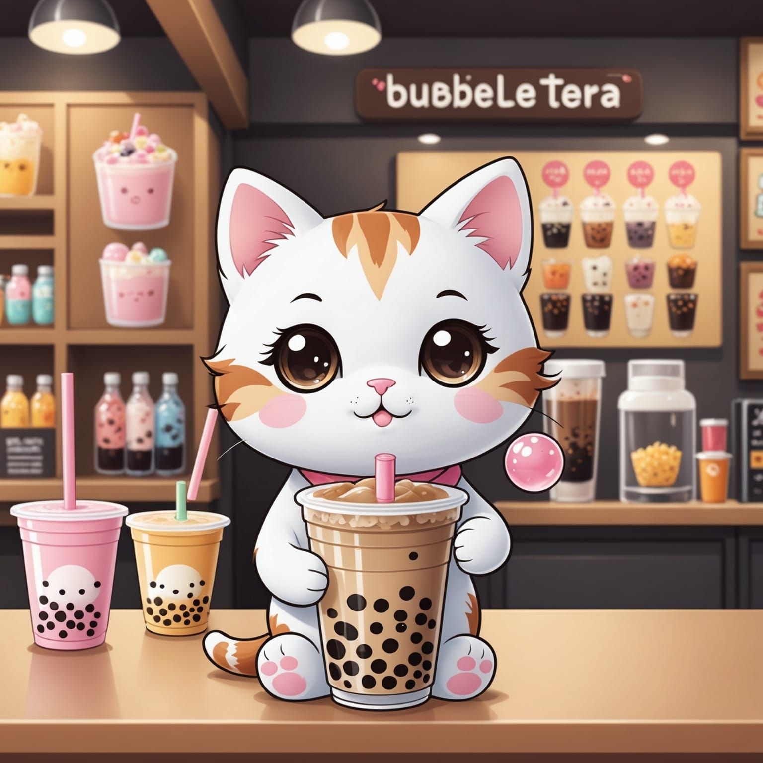 Cute Kawaii Kitten with Bubble Tea Cartoon