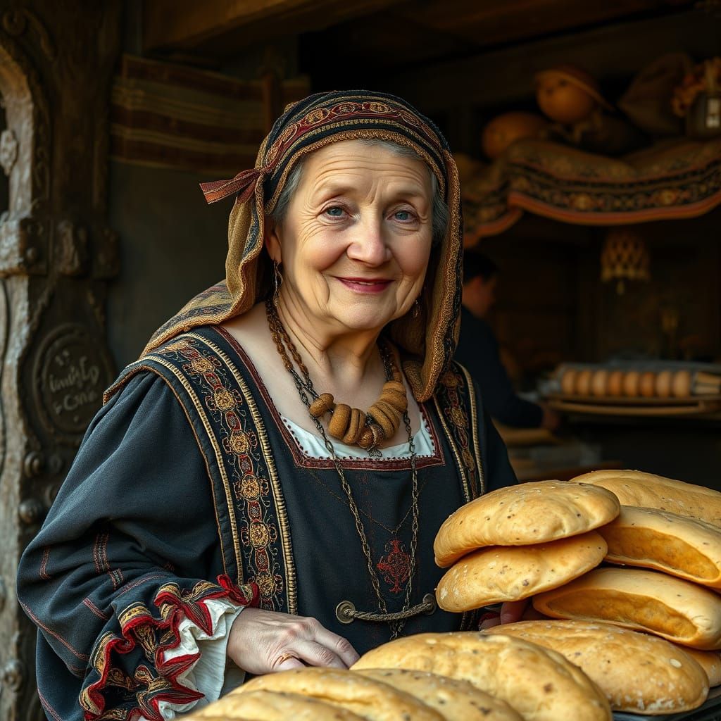 Renaissance Lady Selling Flatbread as Oil Painting