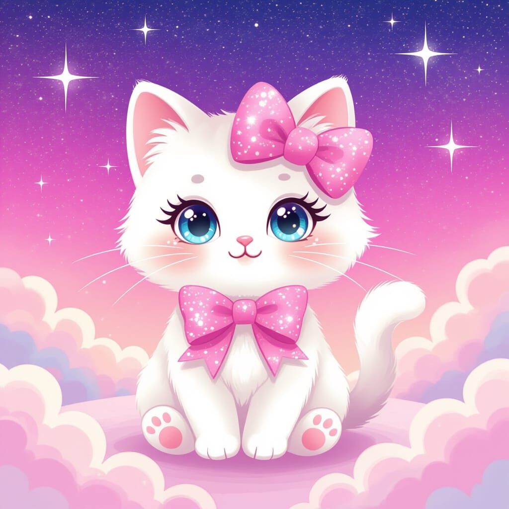 Sparkly Kawaii Cat in Pink Galaxy, Digital Art