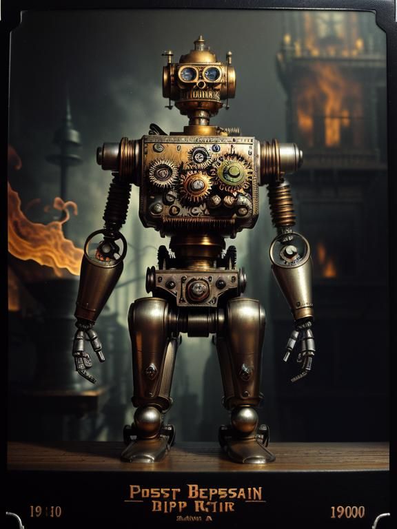 Steampunk Robot Tattoo Parlor in Sepia Photograph Style