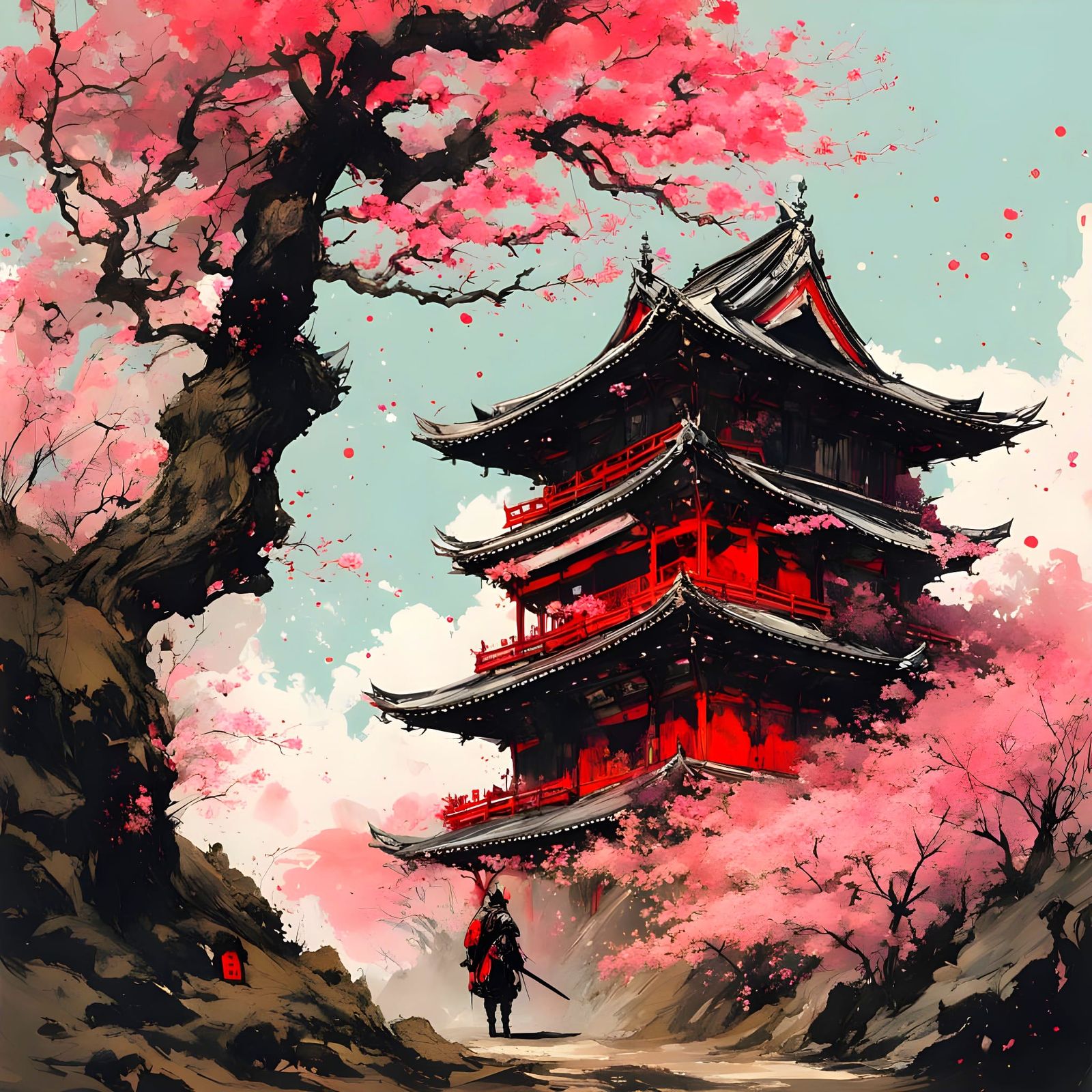 Lone Samurai Under Sakura Tree Digital Art