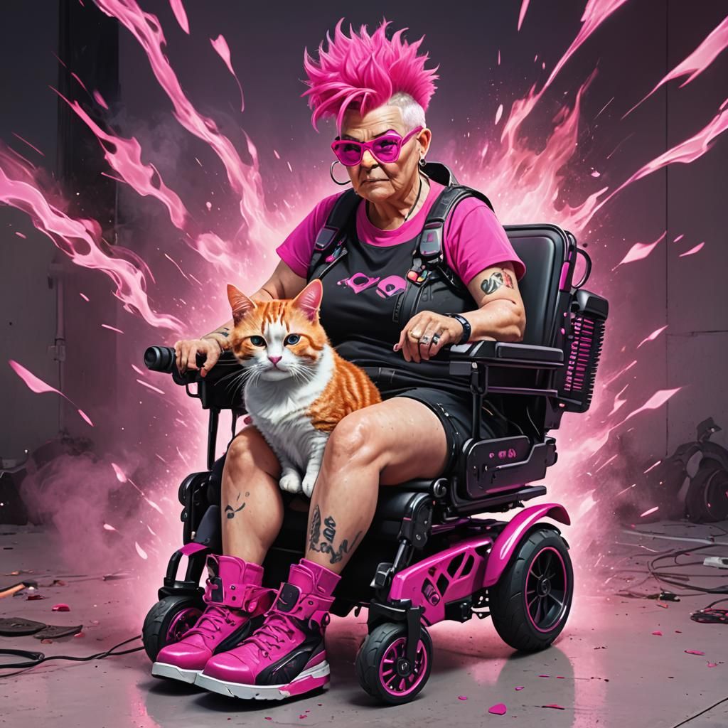 Hyperrealistic Granny in Cyberpunk Wheelchair Concept Art