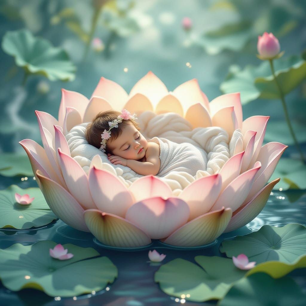 Sleeping Baby in Lotus Blossom Cradle