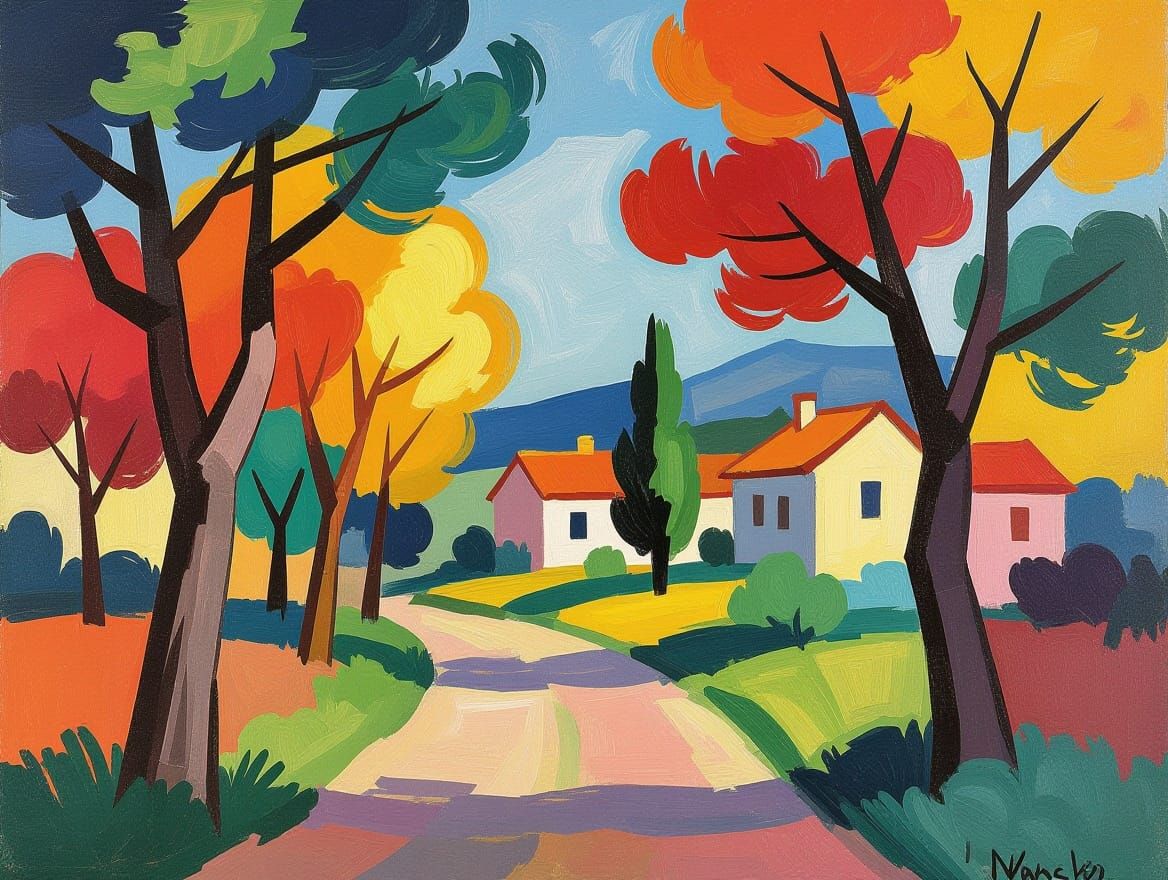 Expressive Fauvist Landscape with Distorted Trees