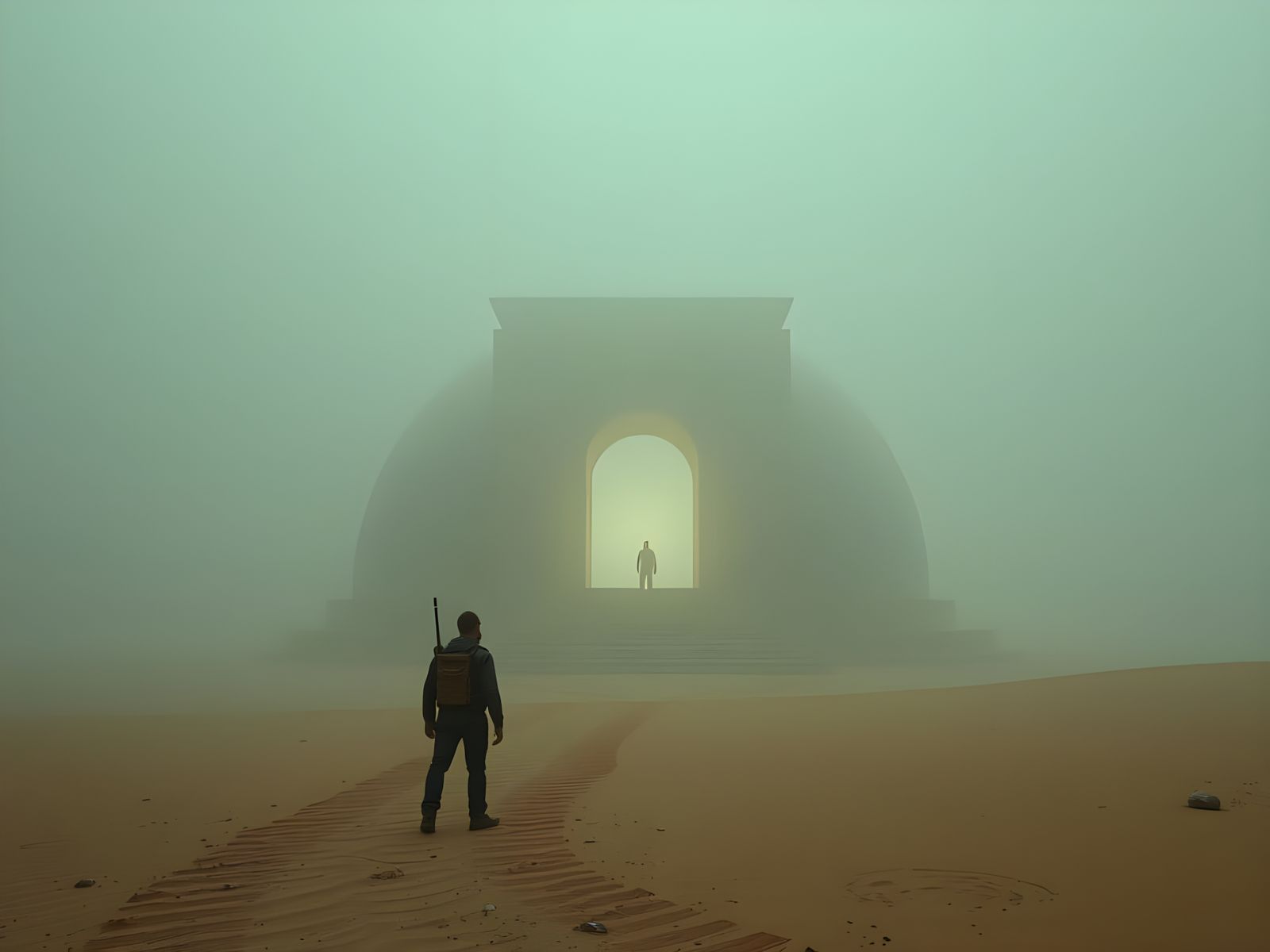 Lonely Explorer and Alien Temple Entrance