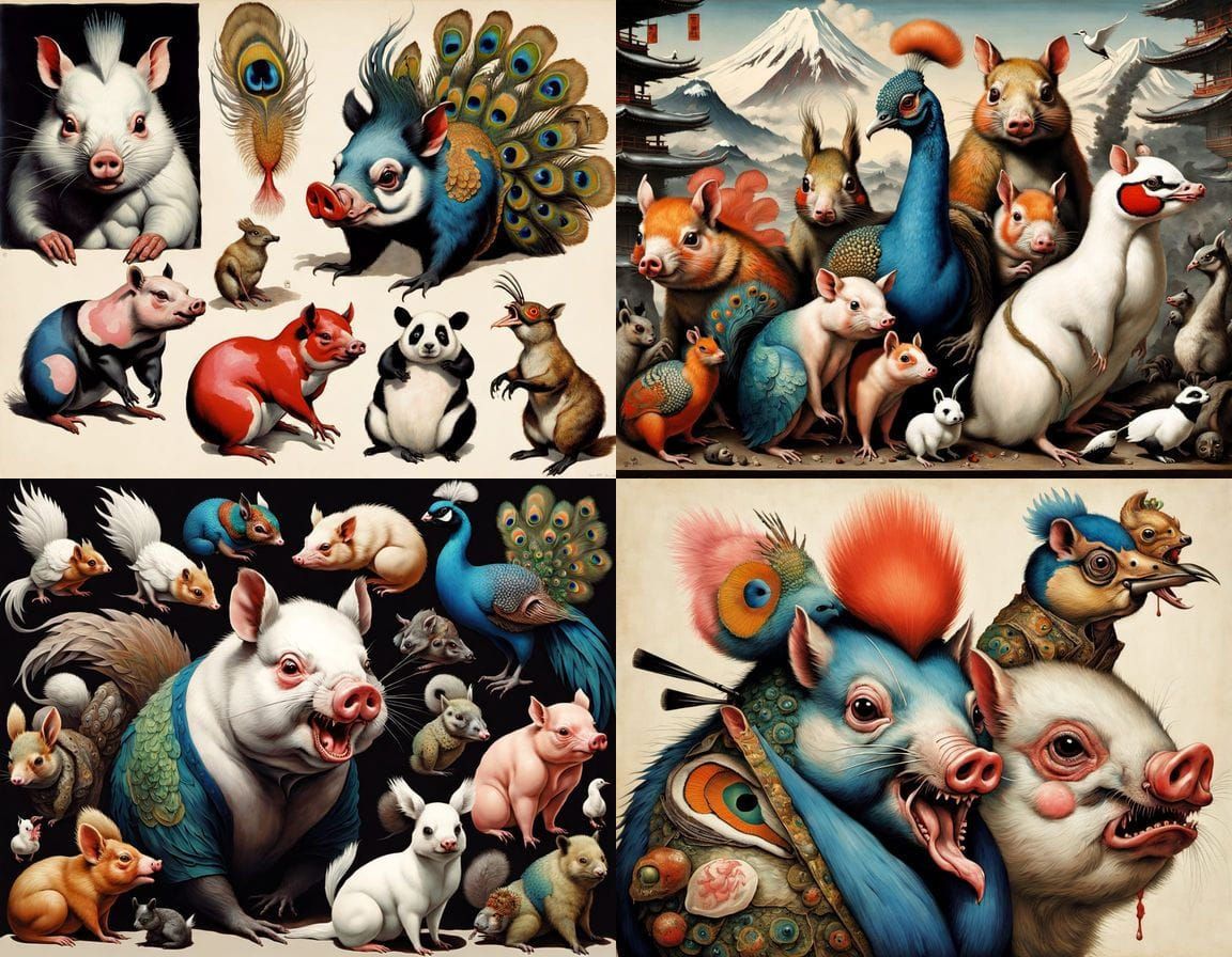 Surreal Mutant Boar-Squirrel with Peacock Scales in Japanese...