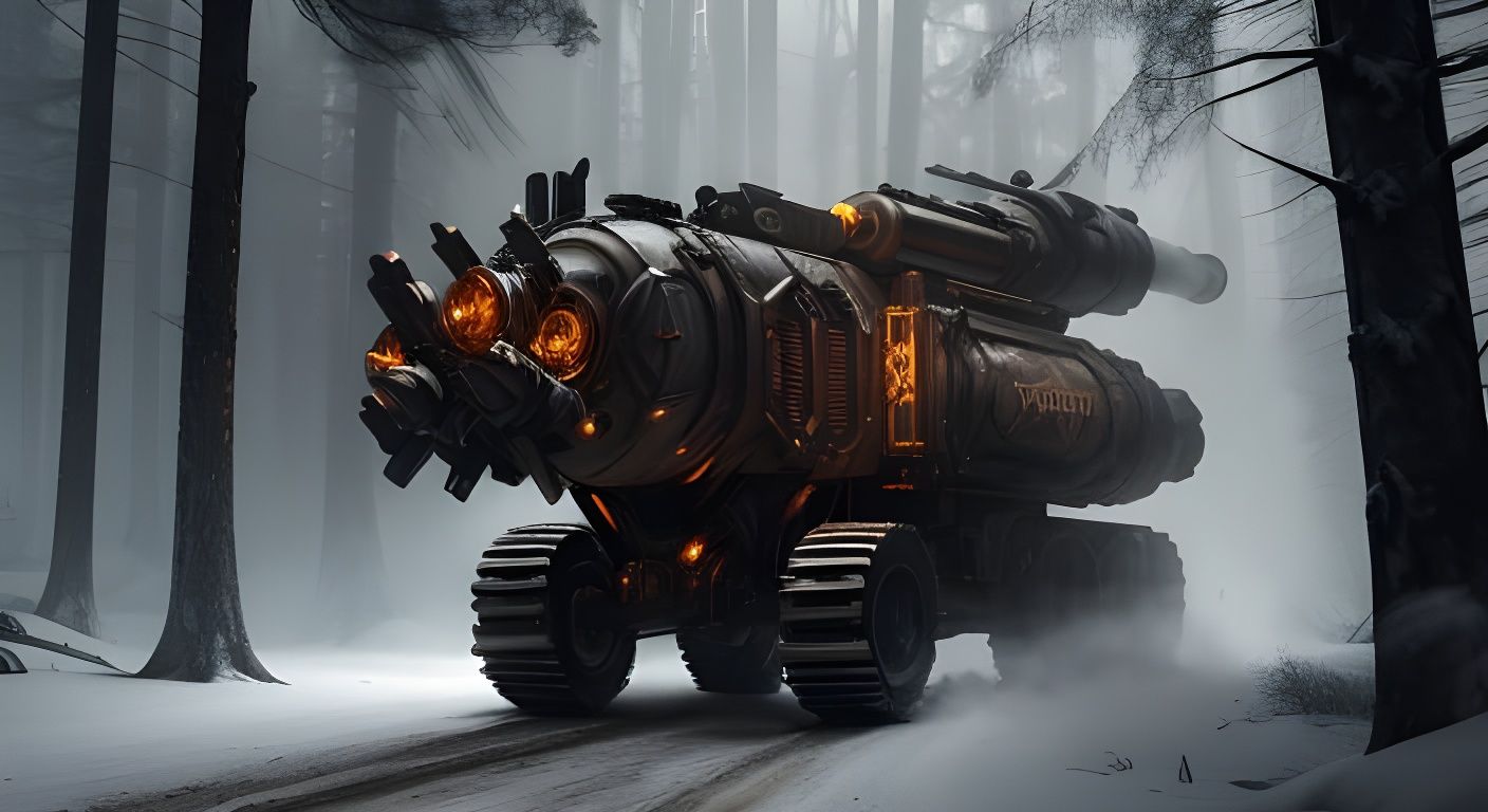 Sinister Steampunk War Machine in Snowy Forest