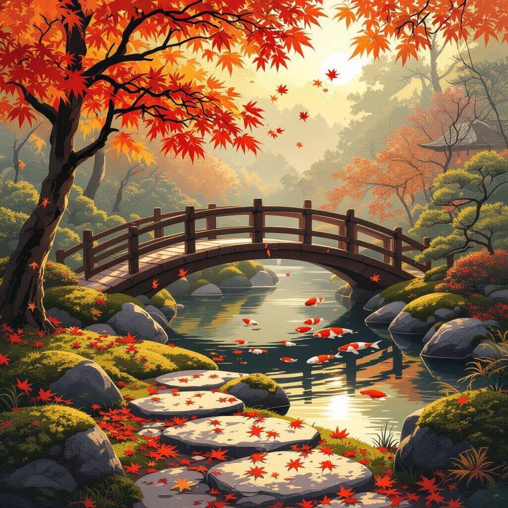Autumn Japanese Garden with Falling Leaves and Koi Pond