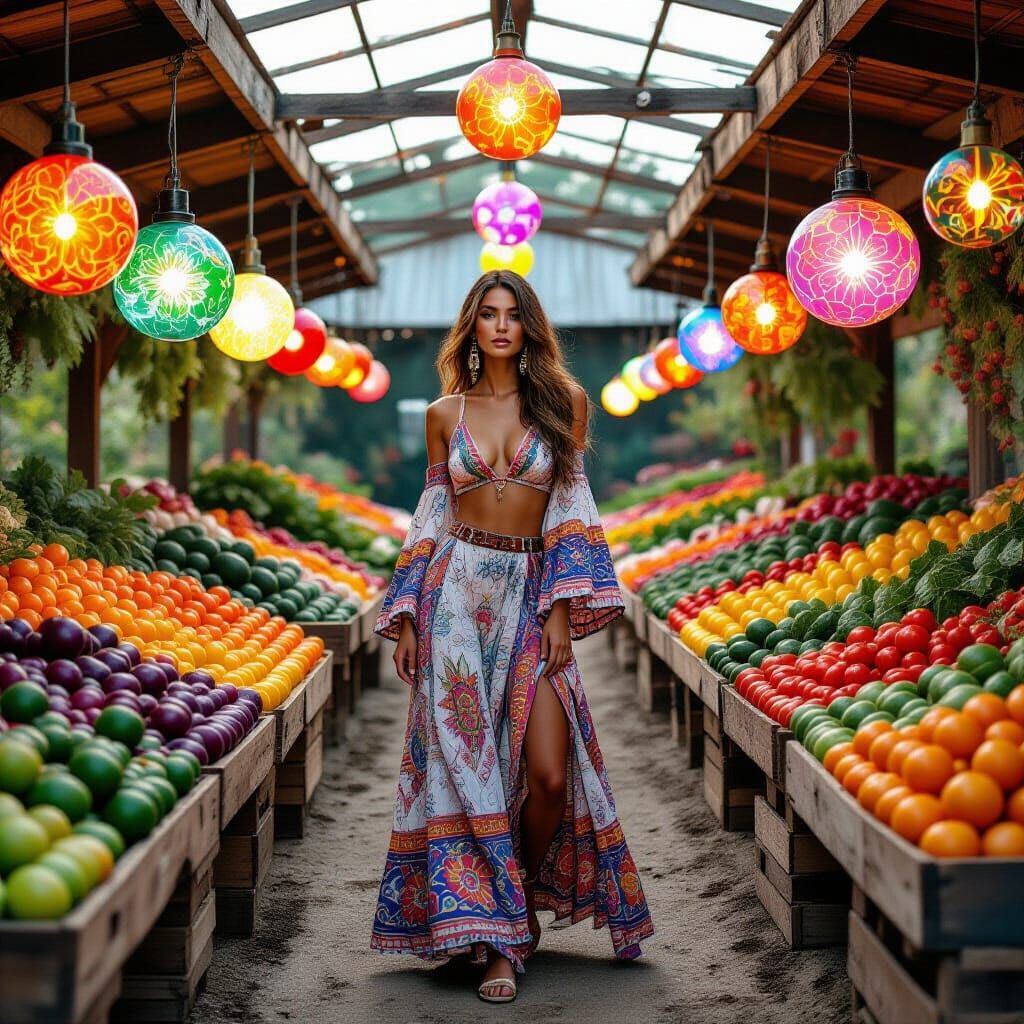 Bohemian Woman at Pulsating Farmstand in Psychedelic Style