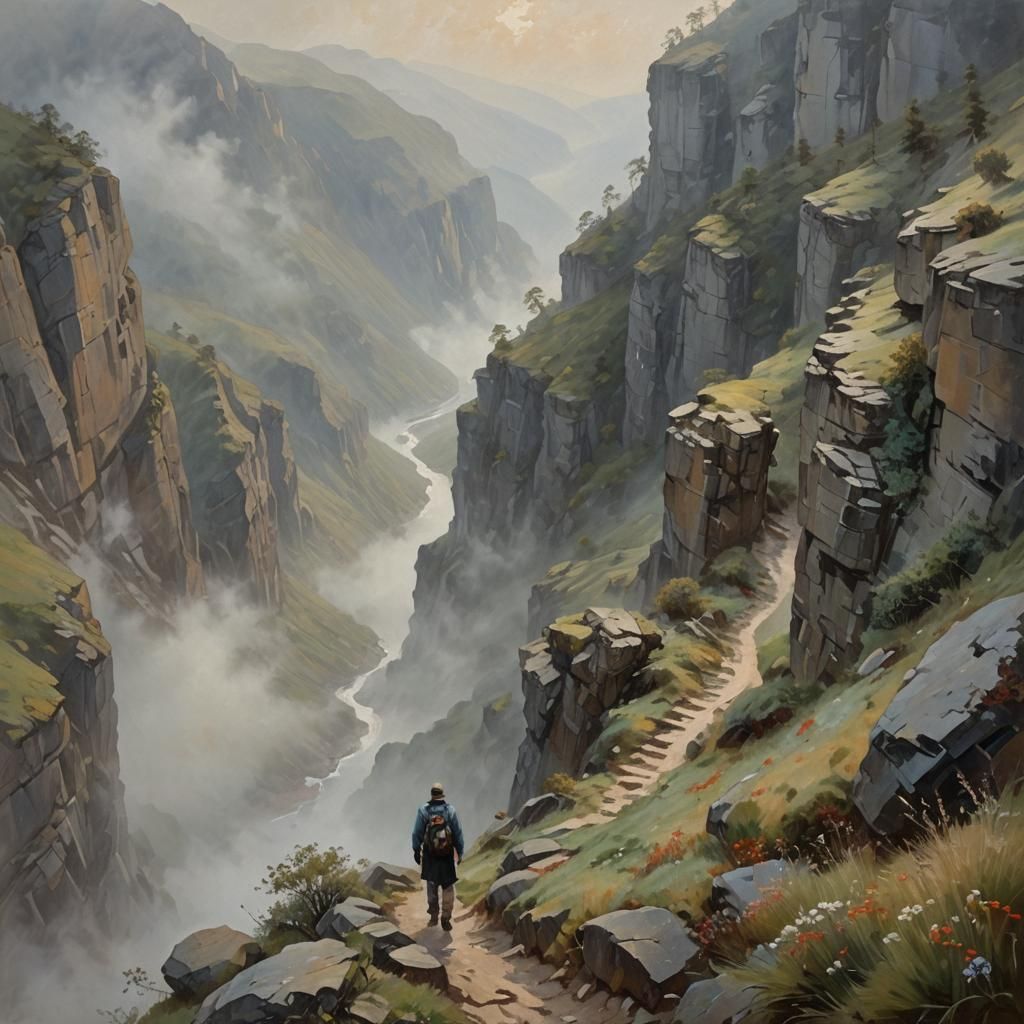 Mountain Pass Traveler in Neo-Impressionist Painting