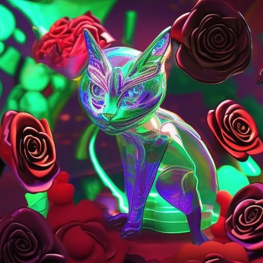 Glass Cat with Roses: Digital Concept Art