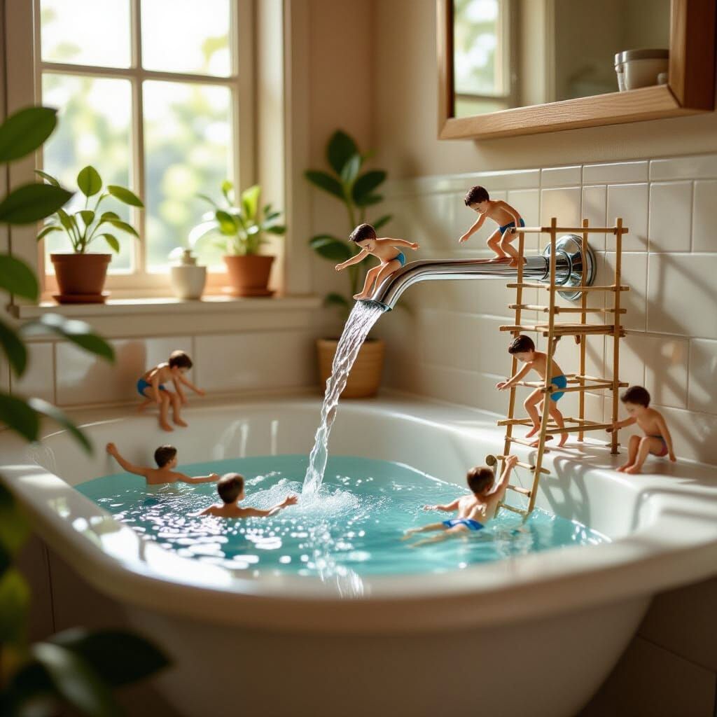 Miniature People's Water Park in a Bathroom