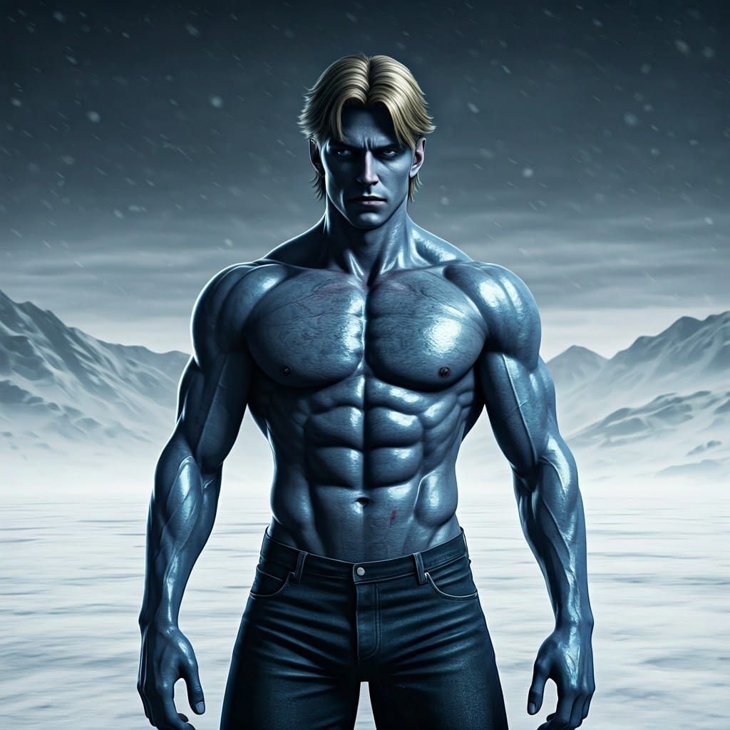 Snowy Figure with Blue Skin in Desolate Landscape