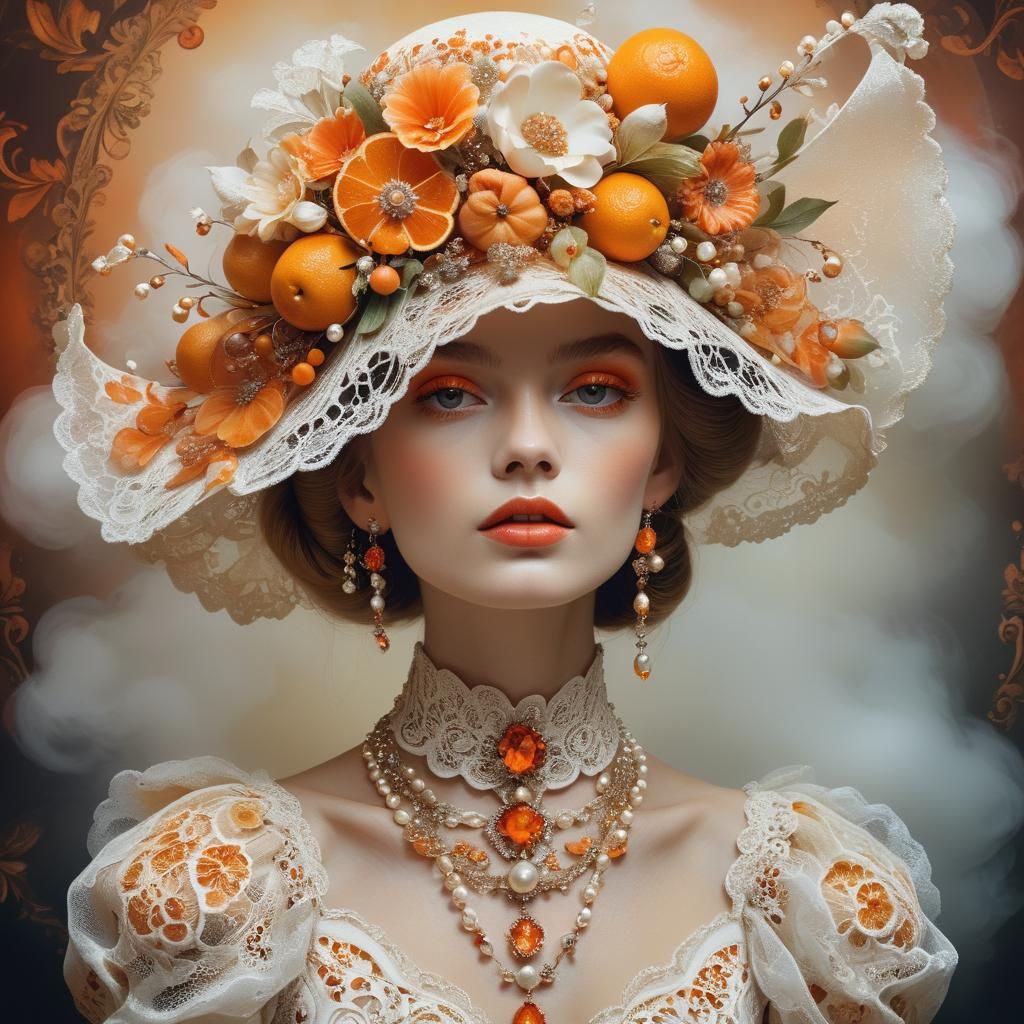 Surreal Portrait with Floral Hat in Dutch Still Life Style