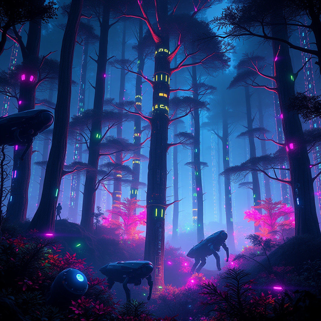 Cyberpunk Forest with Neon Circuitry and Robots