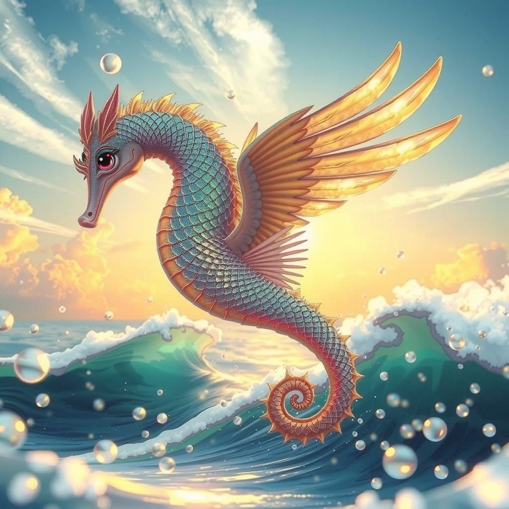 Pearlescent Winged Seahorse in Golden Hour