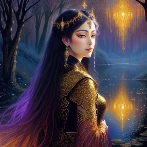 Fantasy River Landscape with Cat in Klimt Style