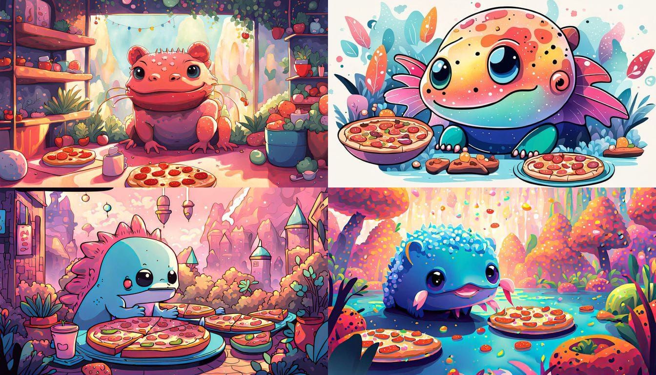 Semi-Realistic Kawaii Axolotl Enjoying Pizza