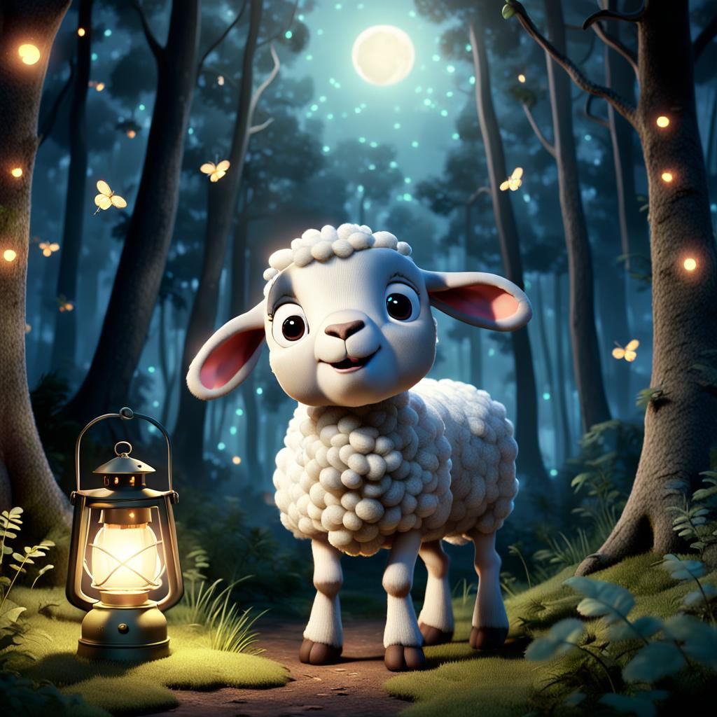 Scared Lamb with Lantern in Moonlit Forest