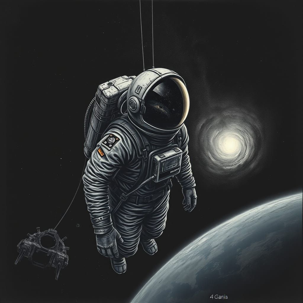 Astronaut Tethered to Derelict Spaceship in Void