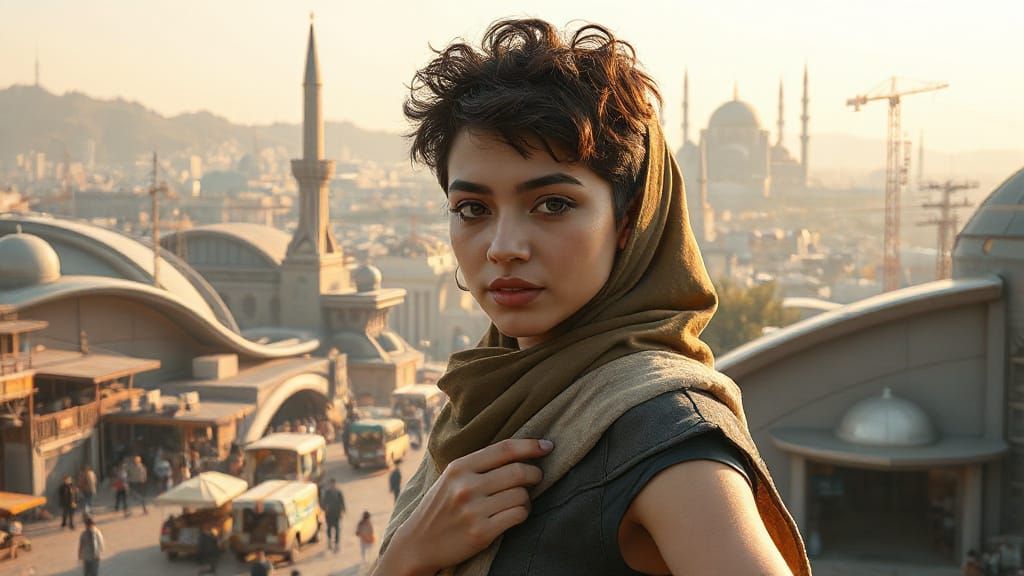 Futuristic Iranian Woman Poses in Cyberpunk Cityscape