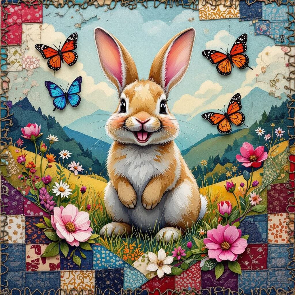 Laughing Bunny in Quilted Landscape with Butterflies