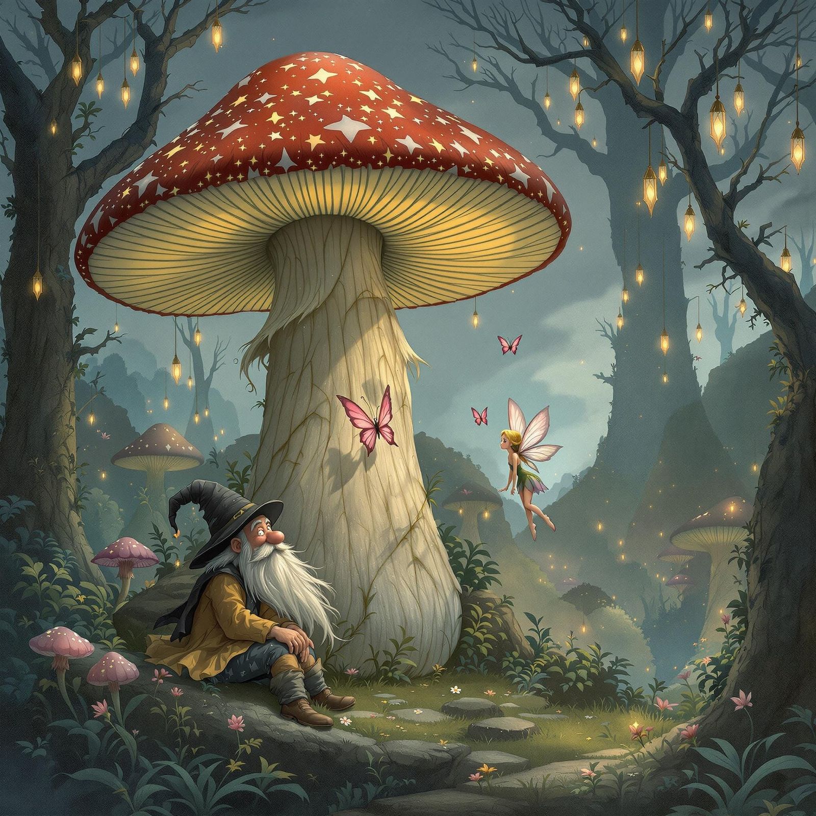 Whimsical Fairy in Vibrant Red Mushroom Realm