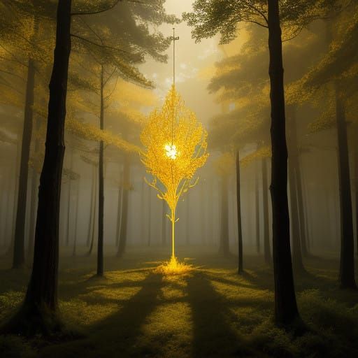 Golden Fleece Radiates Light in Enchanted Forest