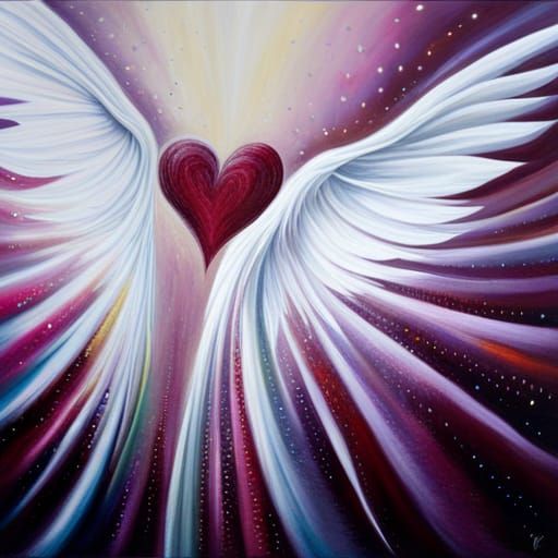 a flying burgundy heart with white angel wings.