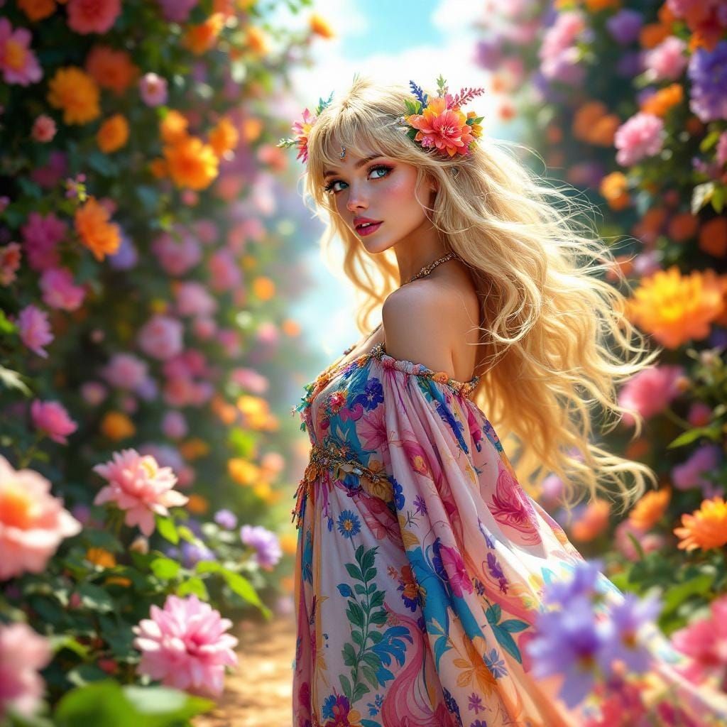 Blonde Hippie Lady in a Floral Anime Dreamscape