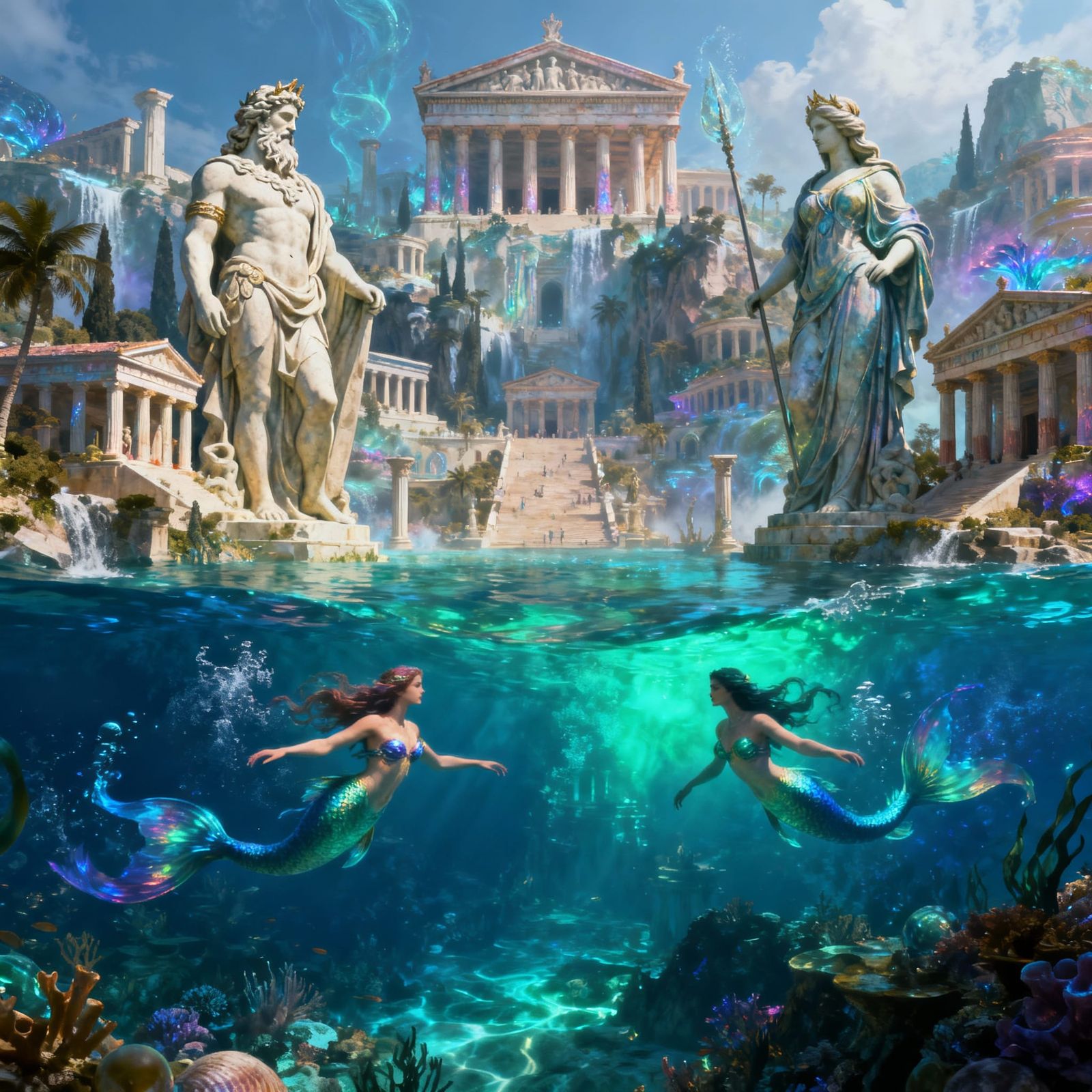 Atlantis Cityscape with Greek Gods and Mermaids