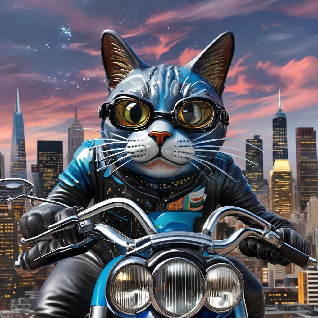 Enameled Glass Cat Rides Motorcycle in Basquiat Style