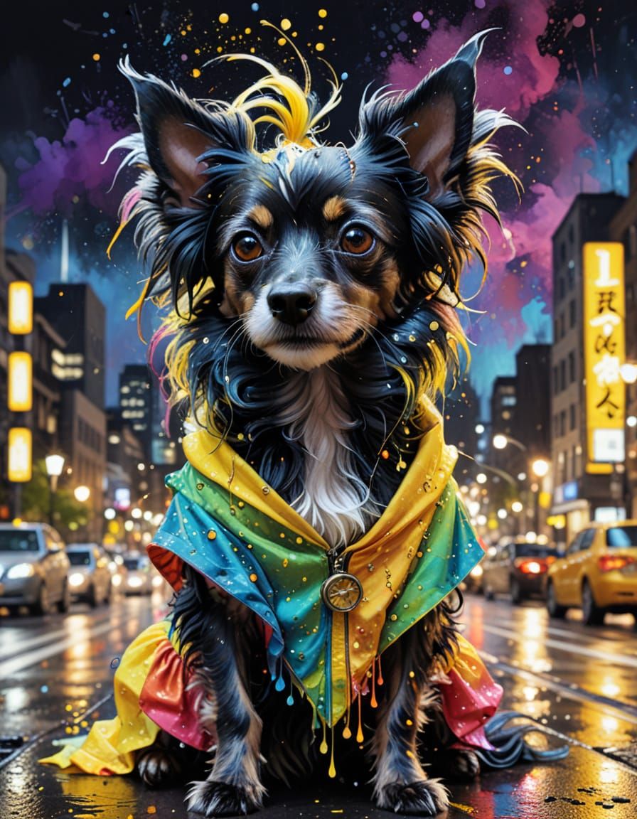 Liquid Black Chinese Crested Dog in Rainbow Dress