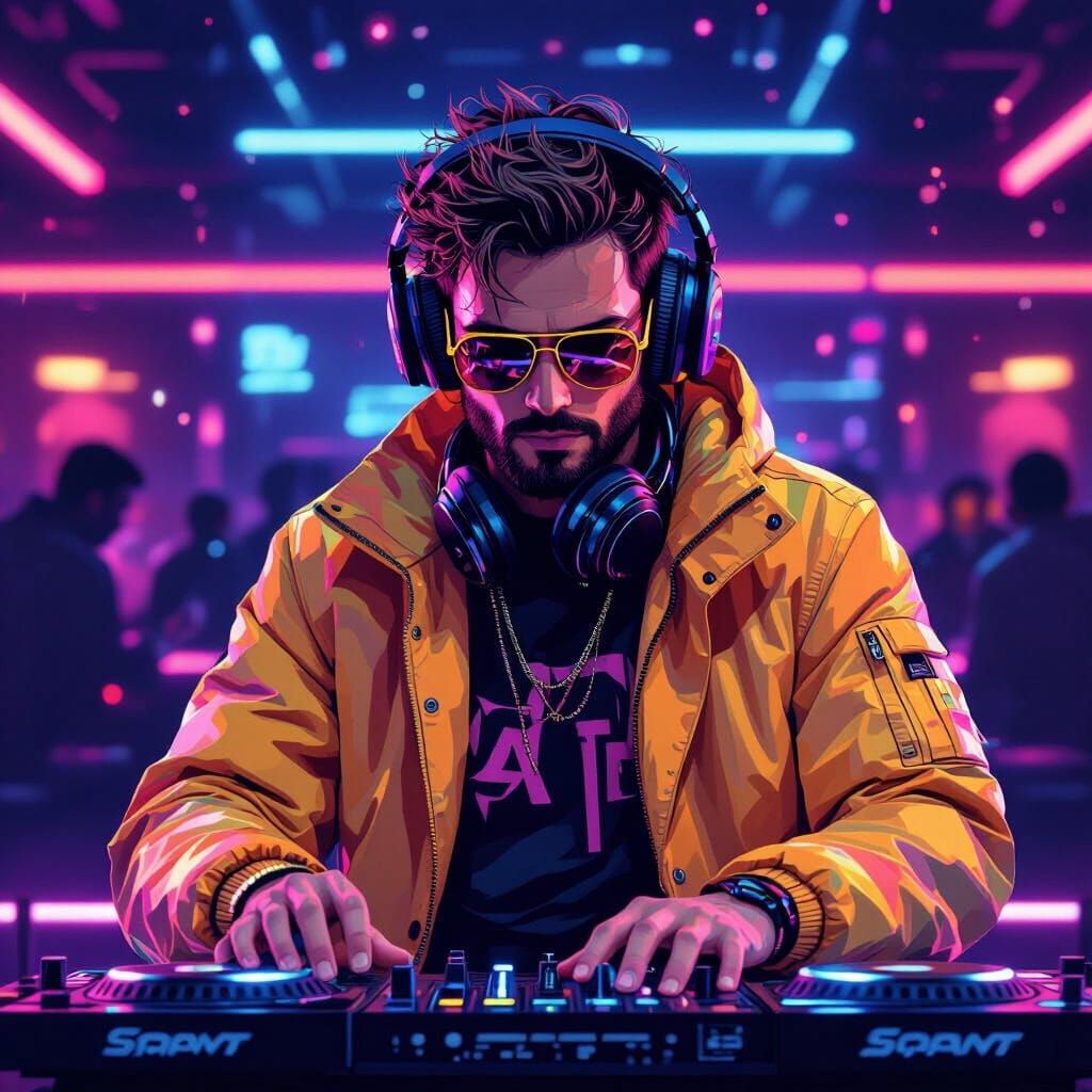 DJ 3MVR Mixing Music in Neon Cyberpunk Club