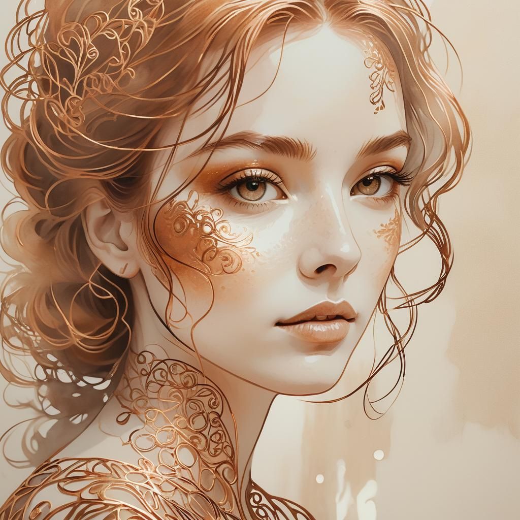 Girl Portrait with Copper Filigree in Delicate Style