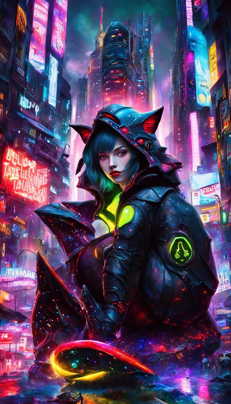 Cyberpunk Wolf Girl Dominates Futuristic Cityscape in Neon-L...