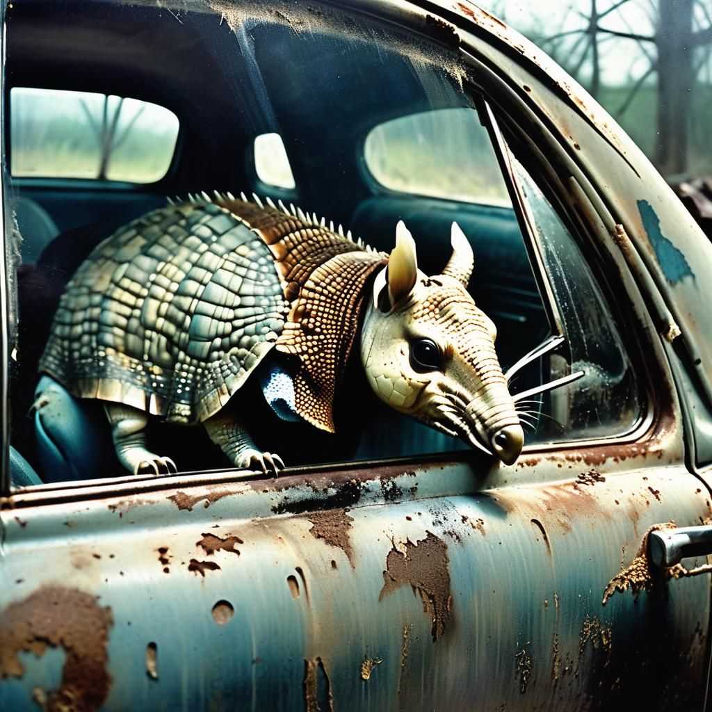 Armadillo Gazing into Car Window: High-Quality Photo