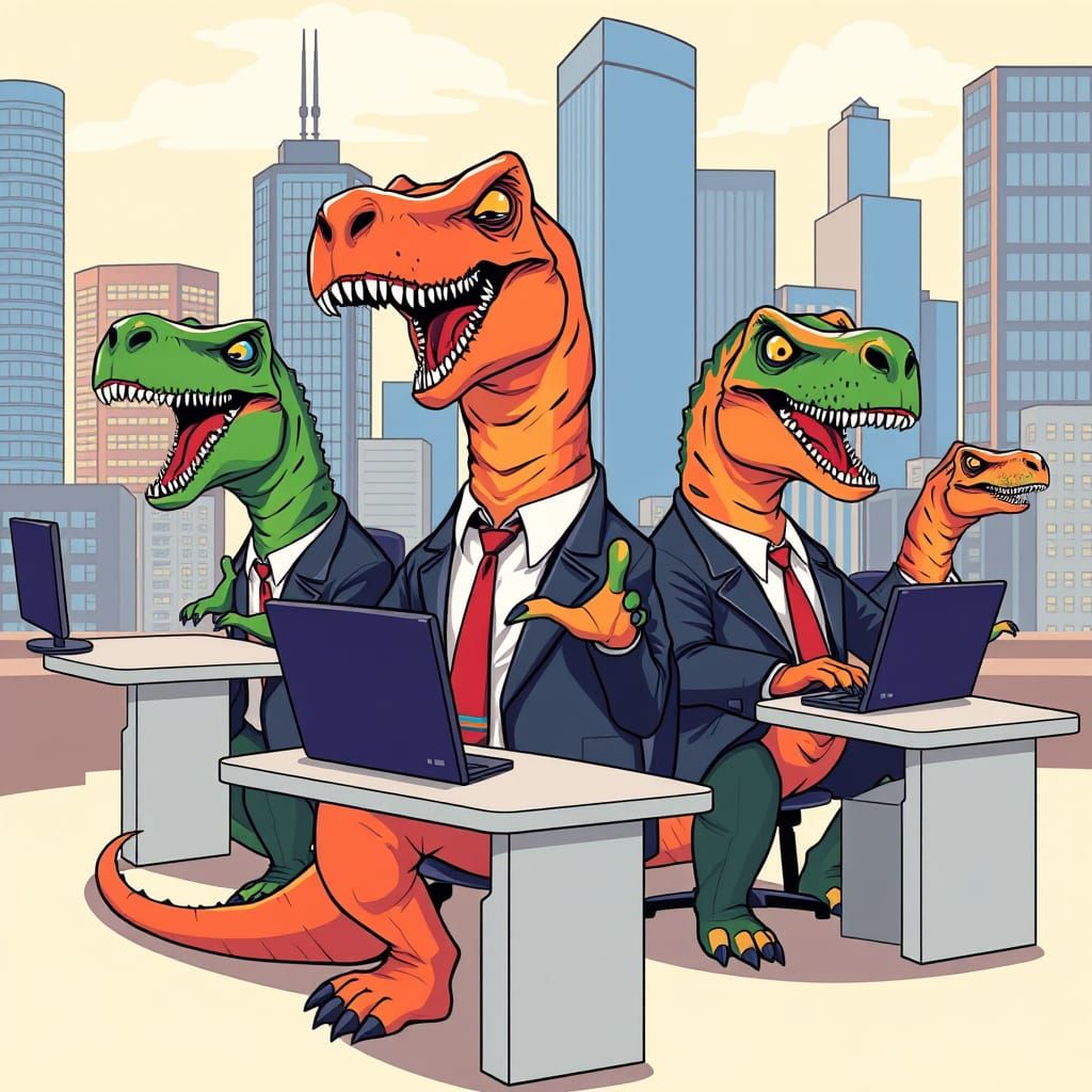 Dinosaurs in Anime Style Work at Office