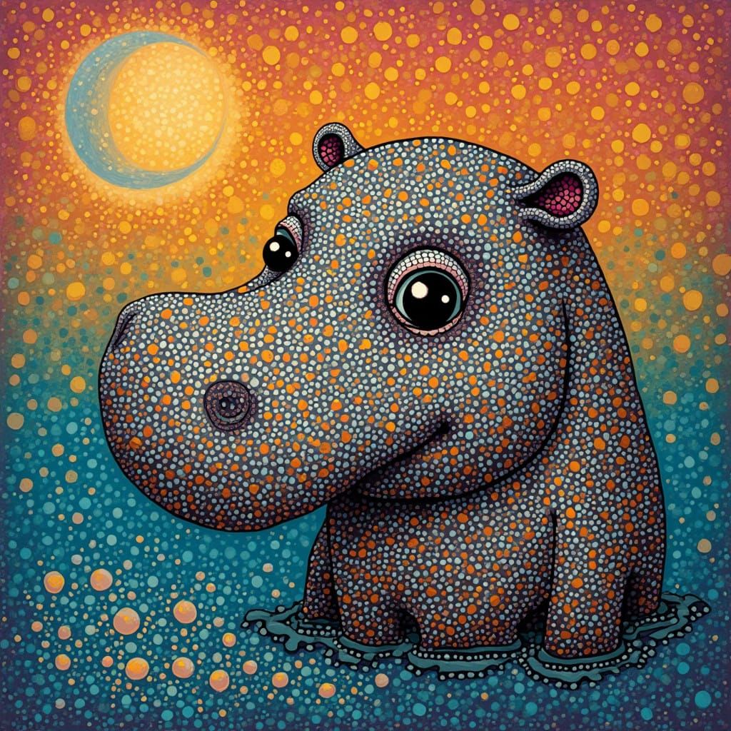Surreal Hippopotamus Illustration in Pointillism Style
