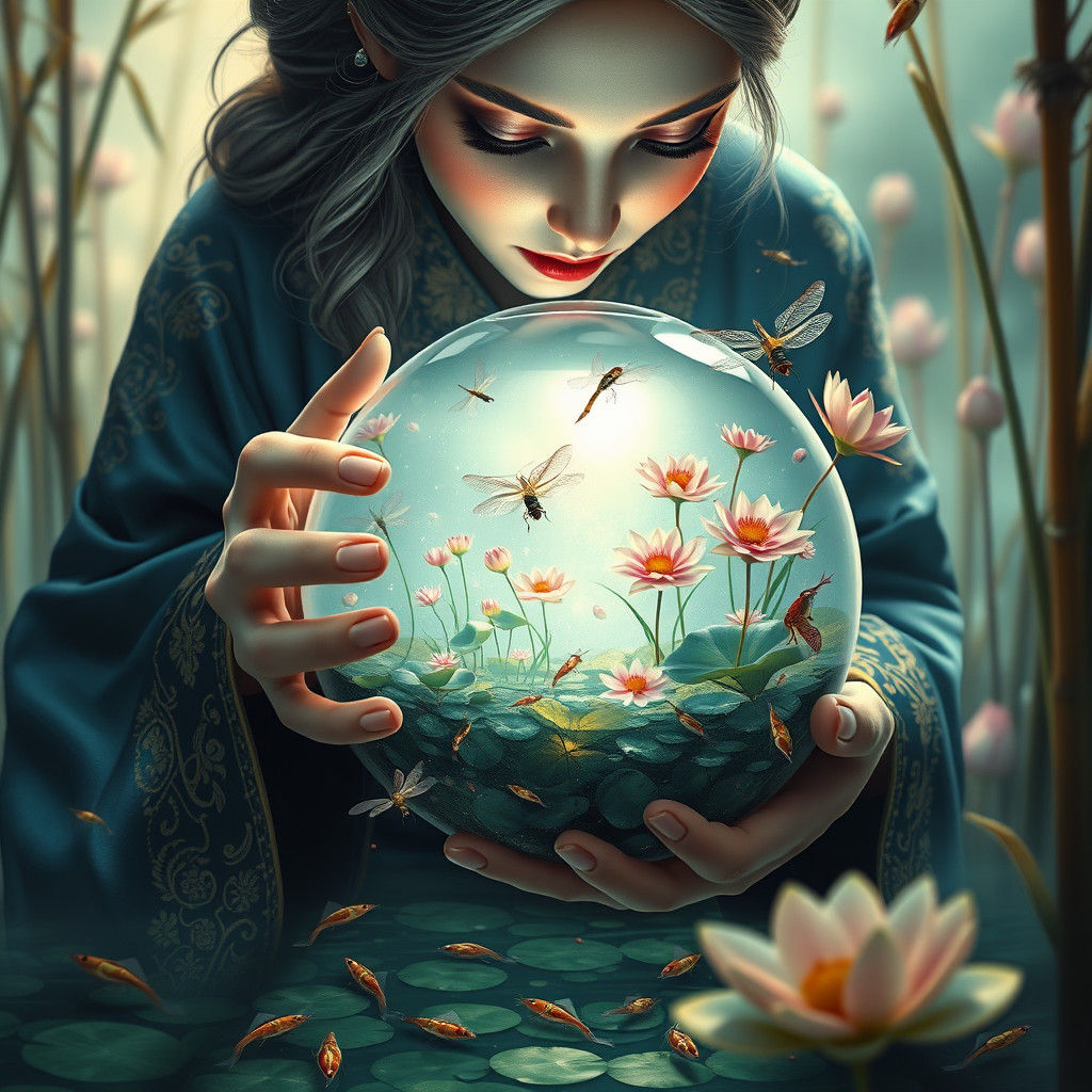 Mystical Sorceress Gazing into Japanese Pond Potion