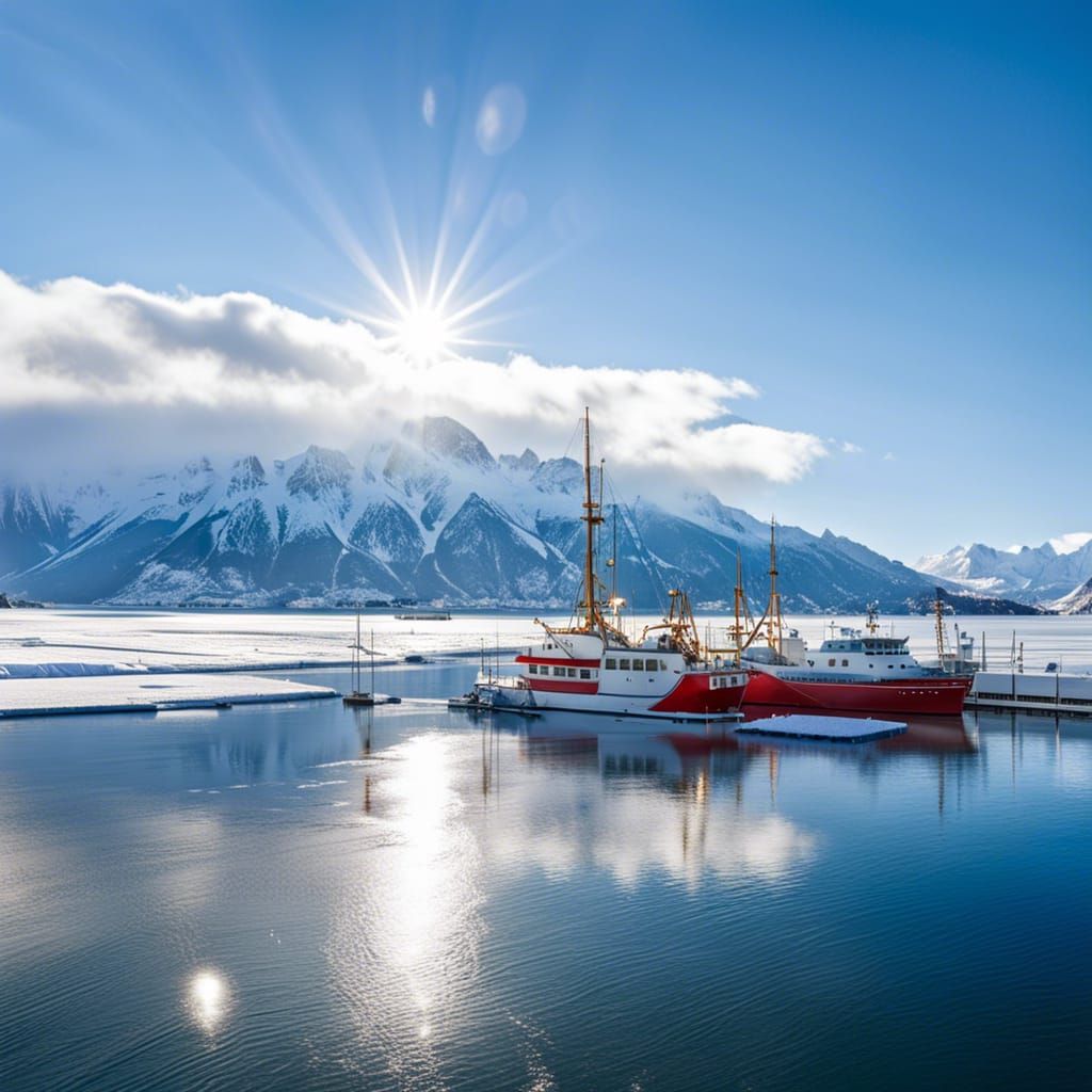 Winter Harbor Scene with Snow-Capped Mountains